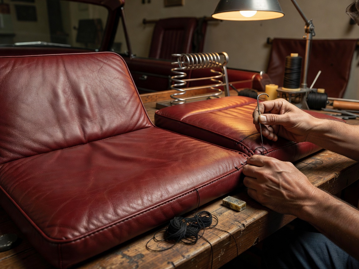 Classic car leather seats being stitched together