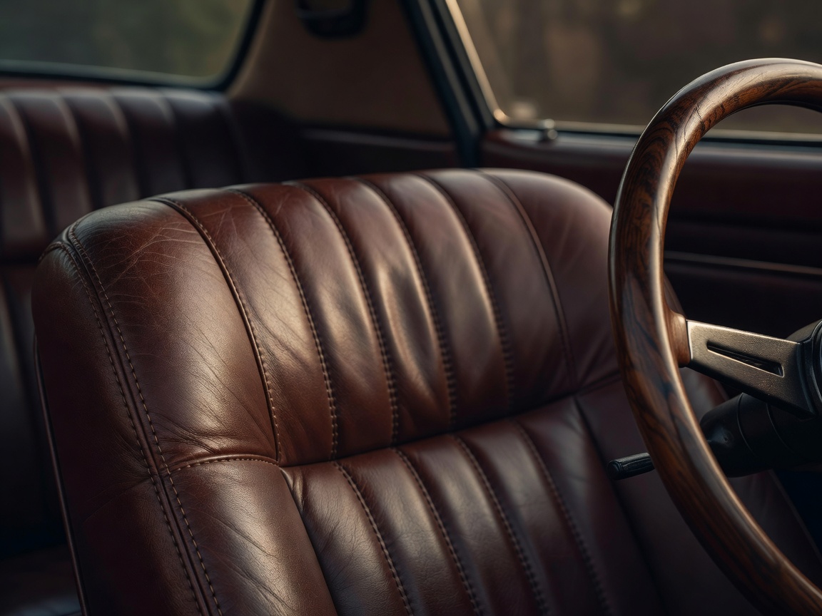 Close up of heavily stitched leather car seat and wooden steering wheel