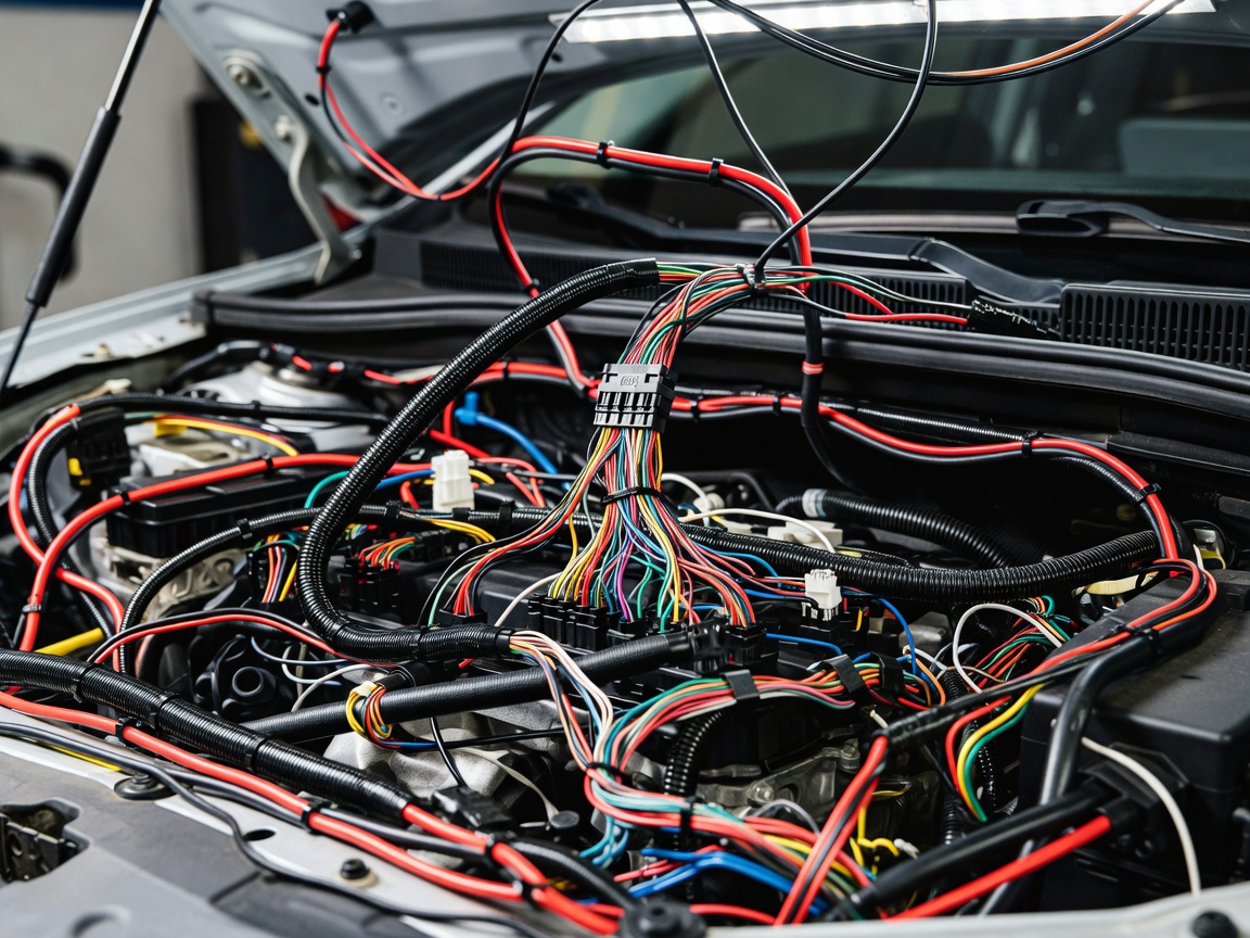 Complex automotive wiring harness with colored wires