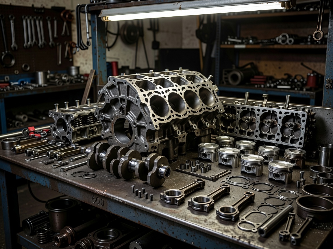 Engine block disassembled on a workbench