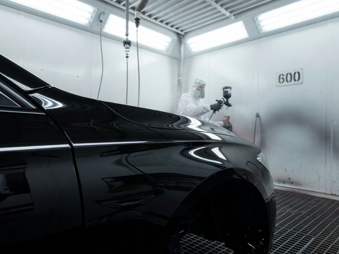 Freshly painted glossy car fender in a spray booth