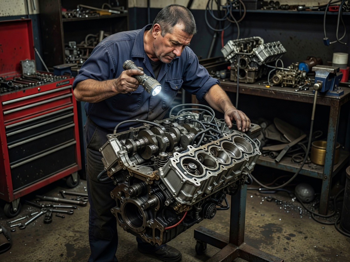 Mechanic examining an open engine block with a flashlight
