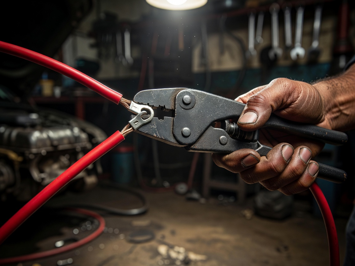 Mechanic hands crimping a terminal onto a thick red wire