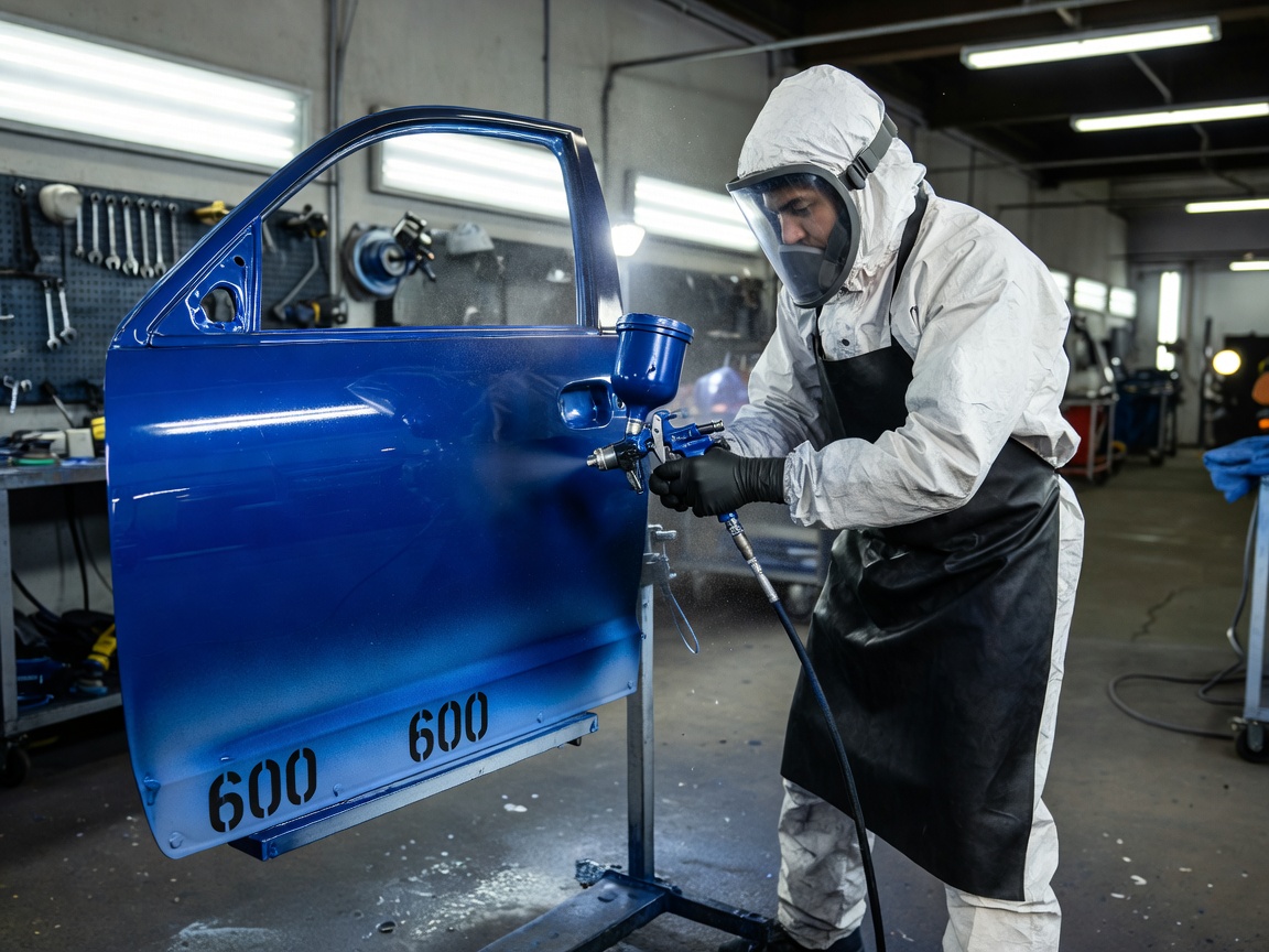 Person in protective gear spraying blue paint on a car door
