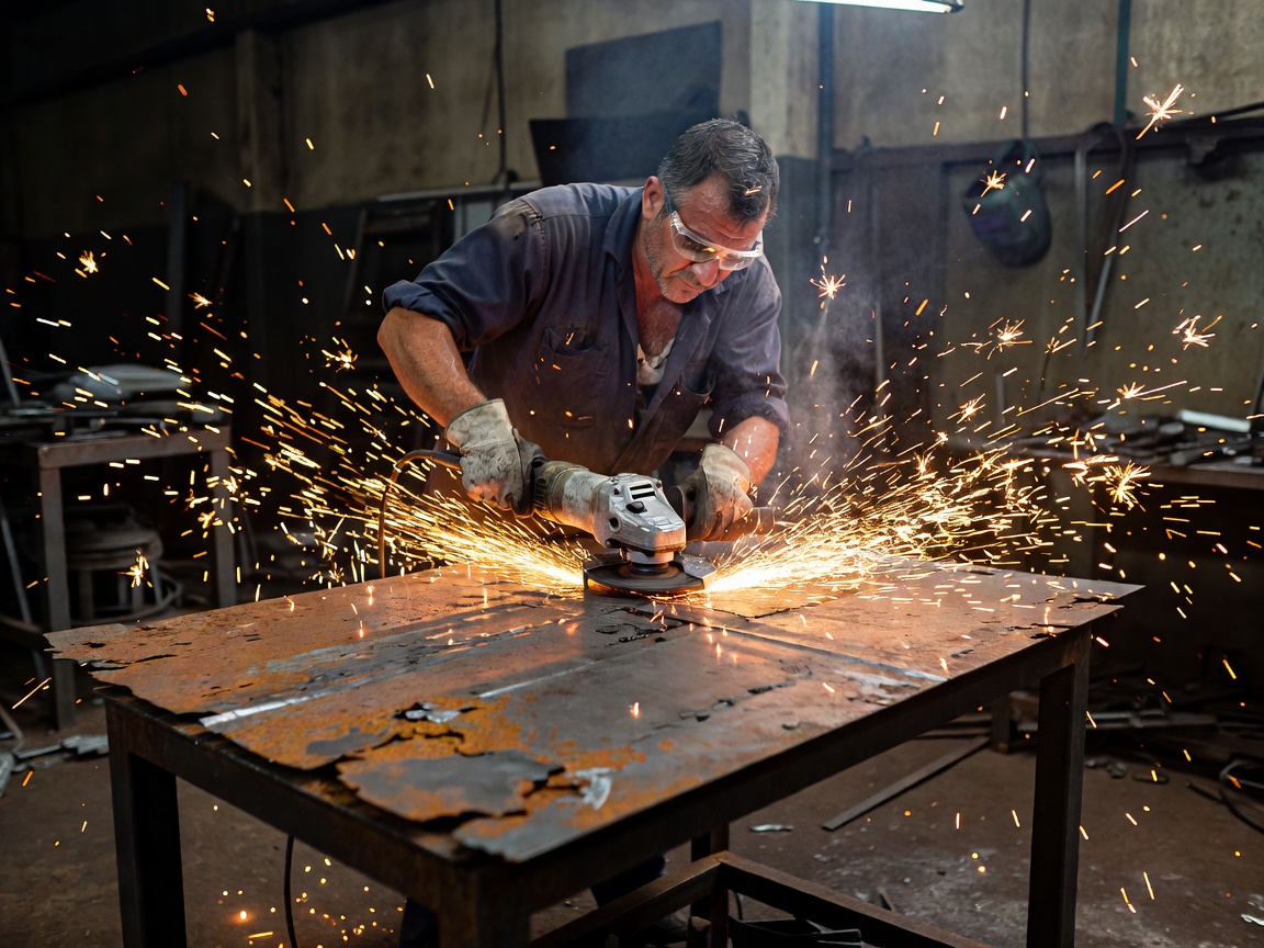 Person using an angle grinder on a rusted metal sheet, sparks flying