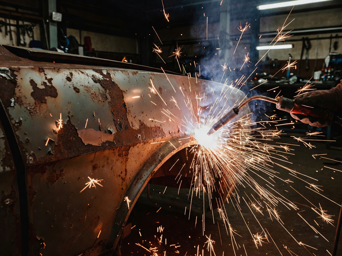 Welding sparks flying off a rusted car panel